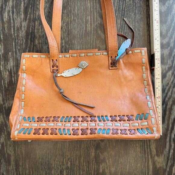 American West Genuine Leather Tote Shoulder Bag Womens Brown Feather Charms Boho - Picture 5 of 15